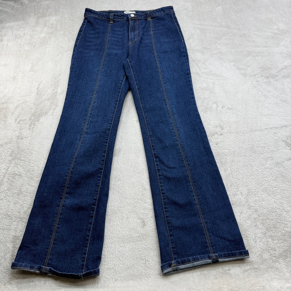 OAT New York Flare Jeans Womens 8/29 Dark Blue Seam Front High Rise Boho Retro